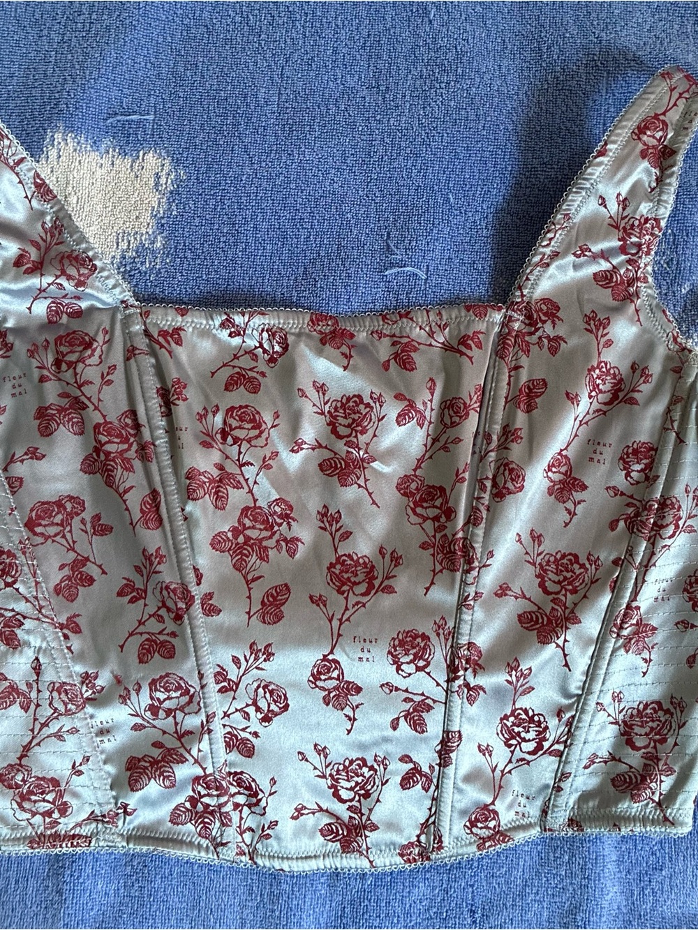 Floral Satin Bustier Top in light blue with Red Rose Print size L